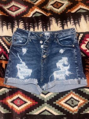 KanCan Dark Blue Distressed Denim Shorts with Button Fly